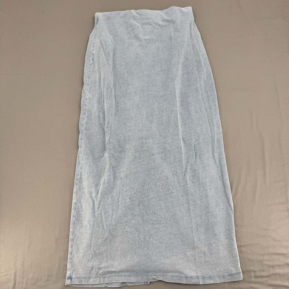 Z Supply Women's Medium Blue Acid Wash Knit Maxi Skirt with Front Slit